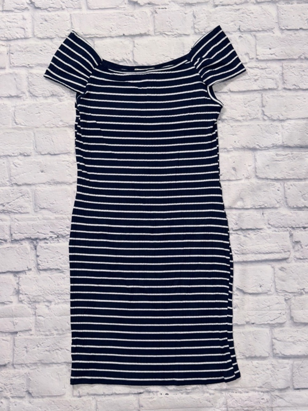 Charlotte Russe Navy and White Striped Off-Shoulder Midi Dress